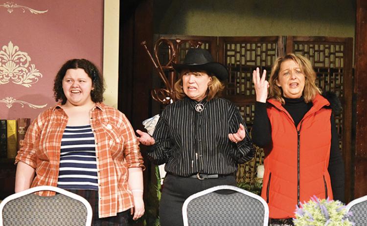 Ryvers Stewart, Ann Williams and Terry Gribble as the Verdeen cousins – Gaynelle, Jimmy Wyvette and Peaches – express their disappointment in meeting the third lady of Texas in the play Rex’s Exes. Photo by Samantha Sinclair