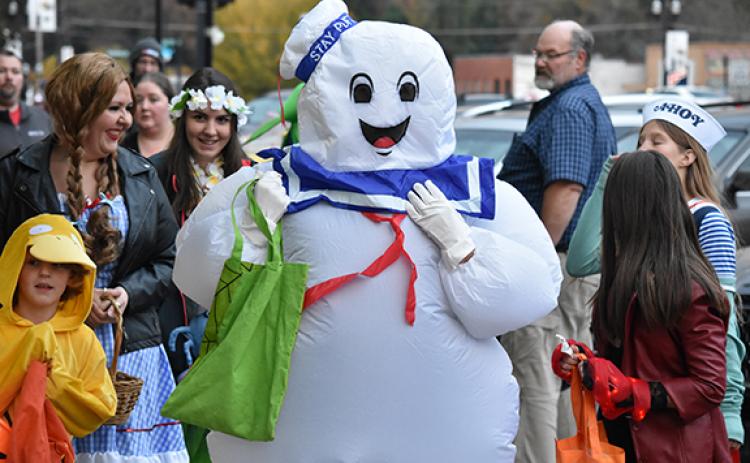 The Stay Puft Marshmallow Man from the movie Ghostbusters made an appearance in downtown Murphy during Halloween last year, though Dallas McMillan of Unaka didn’t quite know what to think as he walked by.