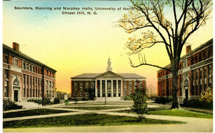 A postcard view of Murphey Hall on the campus of the University of North Carolina, is named for Archibald D. Murphey.